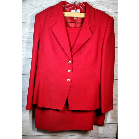 Jacqueline Ferrar Jackets & Blazers - Jacqueline Ferrar Womens Red Blazer Skirt Suit Size 16 Gold Buttons Grandmacore
